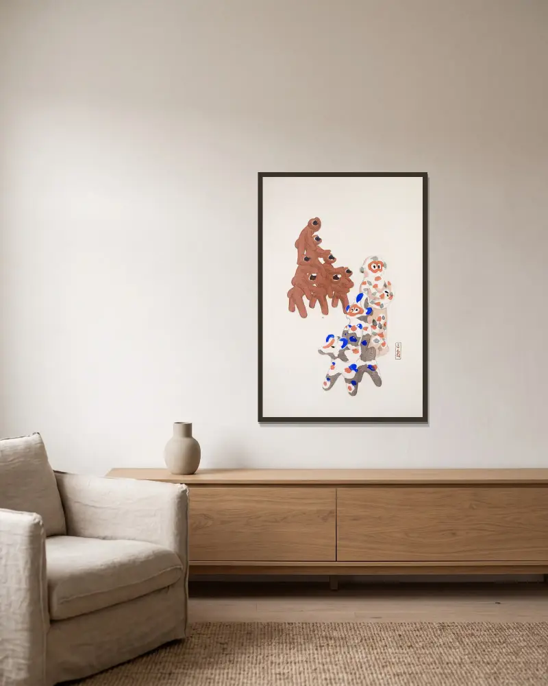 Kyosens samlade illustrationer av japanska leksaker, plansch 025 av Kawasaki Kyosen inramad på en vägg