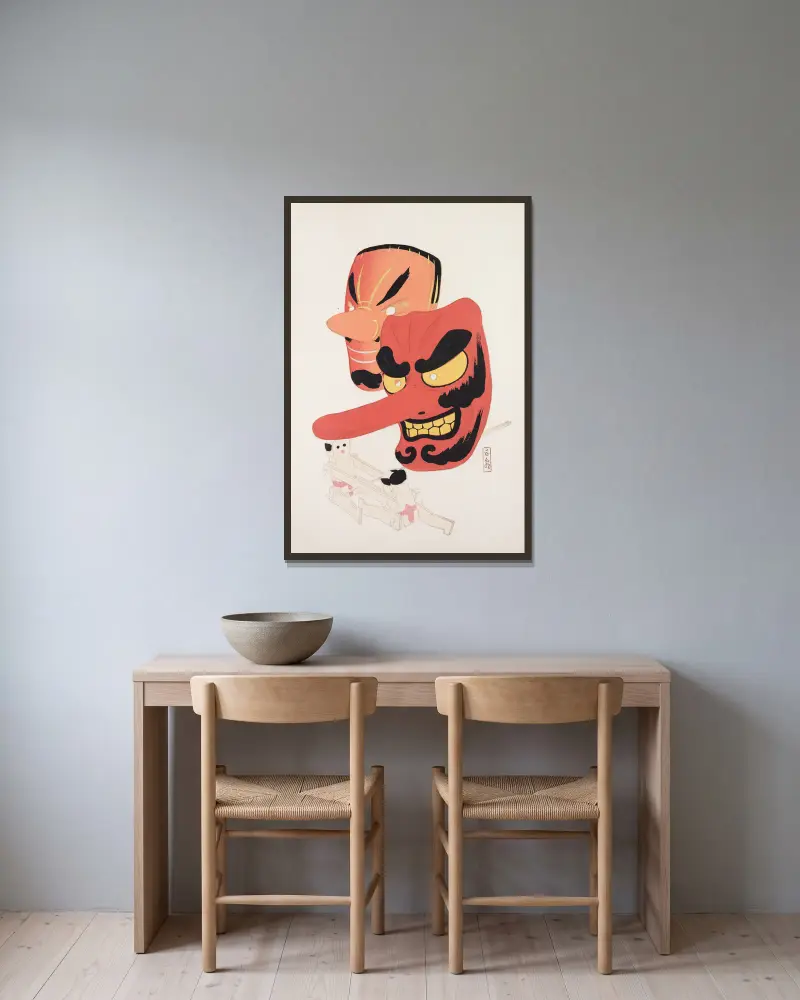 Kyosens samlade illustrationer av japanska leksaker, pl. 27 av Kawasaki Kyosen inramad på en vägg
