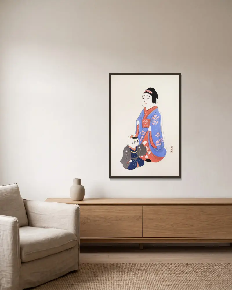 Kyosens samlade illustrationer av japanska leksaker, pl. 29 av Kawasaki Kyosen inramad på en vägg