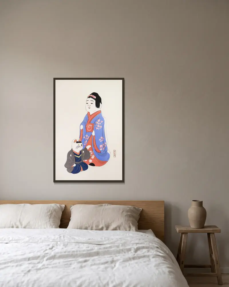 Kyosens samlade illustrationer av japanska leksaker, pl. 29 av Kawasaki Kyosen inramad på en vägg