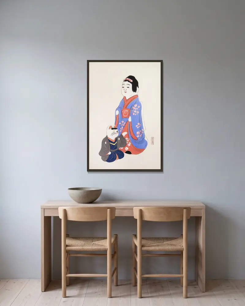 Kyosens samlade illustrationer av japanska leksaker, pl. 29 av Kawasaki Kyosen inramad på en vägg