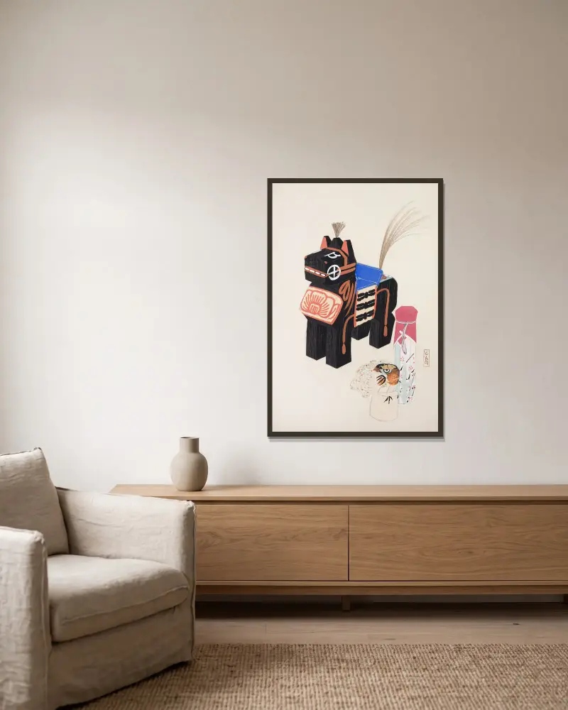 Kyosens samlade illustrationer av japanska leksaker, plansch 032 av Kawasaki Kyosen inramad på en vägg