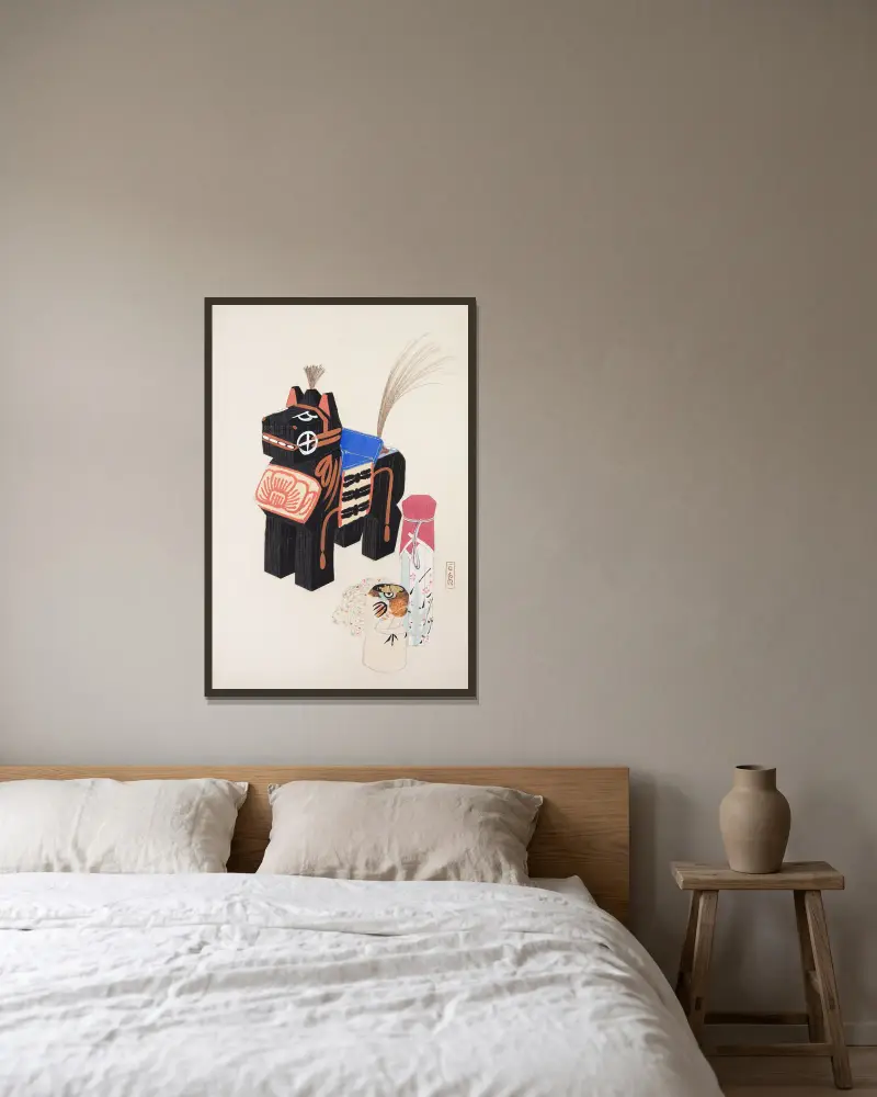 Kyosens samlade illustrationer av japanska leksaker, plansch 032 av Kawasaki Kyosen inramad på en vägg