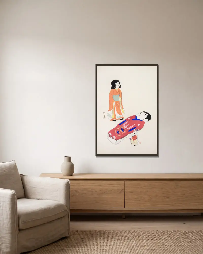 Kyosens samlade illustrationer av japanska leksaker, plansch 034 av Kawasaki Kyosen inramad på en vägg
