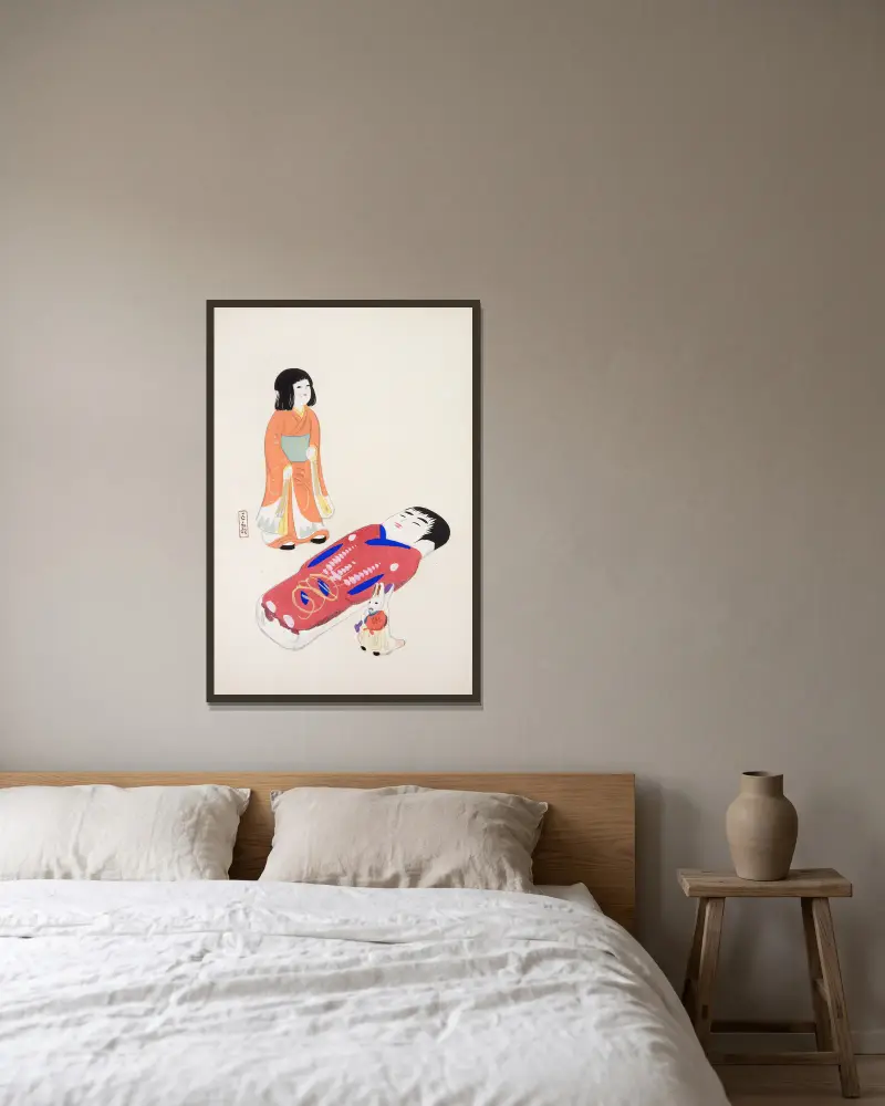 Kyosens samlade illustrationer av japanska leksaker, plansch 034 av Kawasaki Kyosen inramad på en vägg