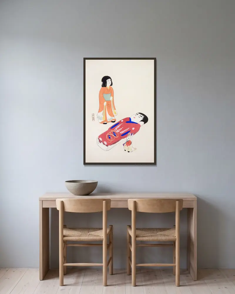 Kyosens samlade illustrationer av japanska leksaker, plansch 034 av Kawasaki Kyosen inramad på en vägg