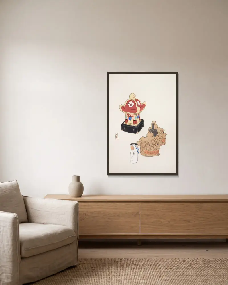 Kyosens samlade illustrationer av japanska leksaker, plansch 038 av Kawasaki Kyosen inramad på en vägg