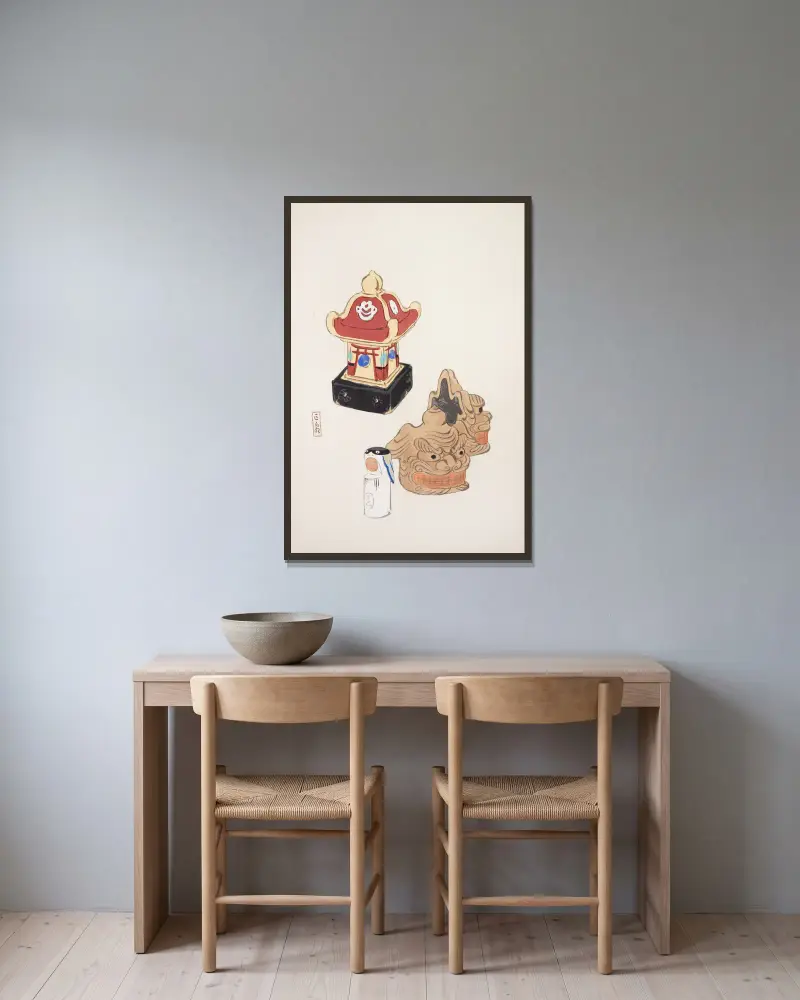 Kyosens samlade illustrationer av japanska leksaker, plansch 038 av Kawasaki Kyosen inramad på en vägg
