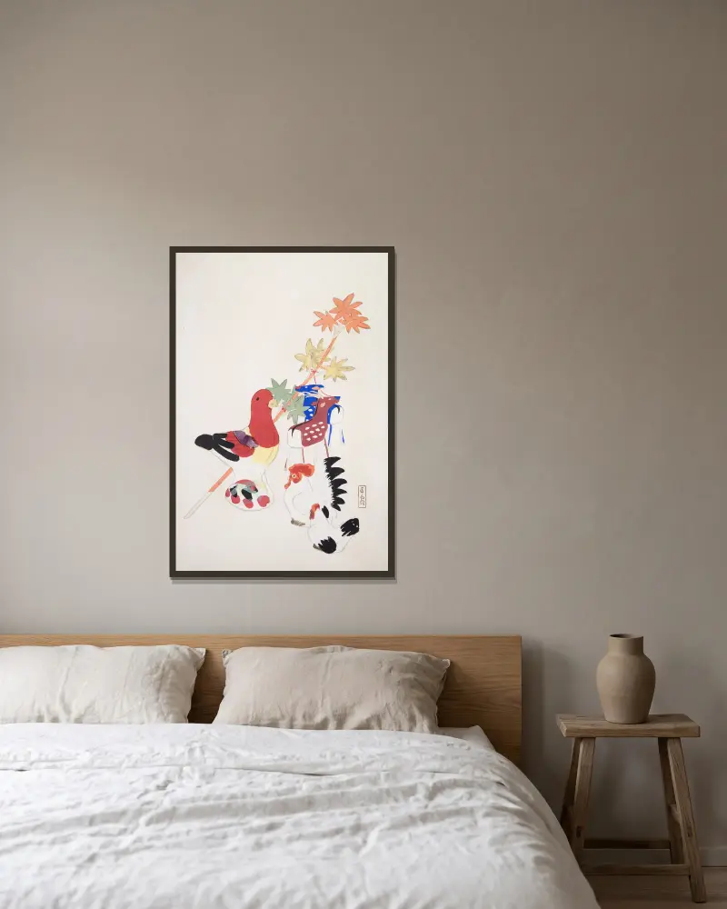 Kyosens samlade illustrationer av japanska leksaker, plansch 45 av Kawasaki Kyosen inramad på en vägg
