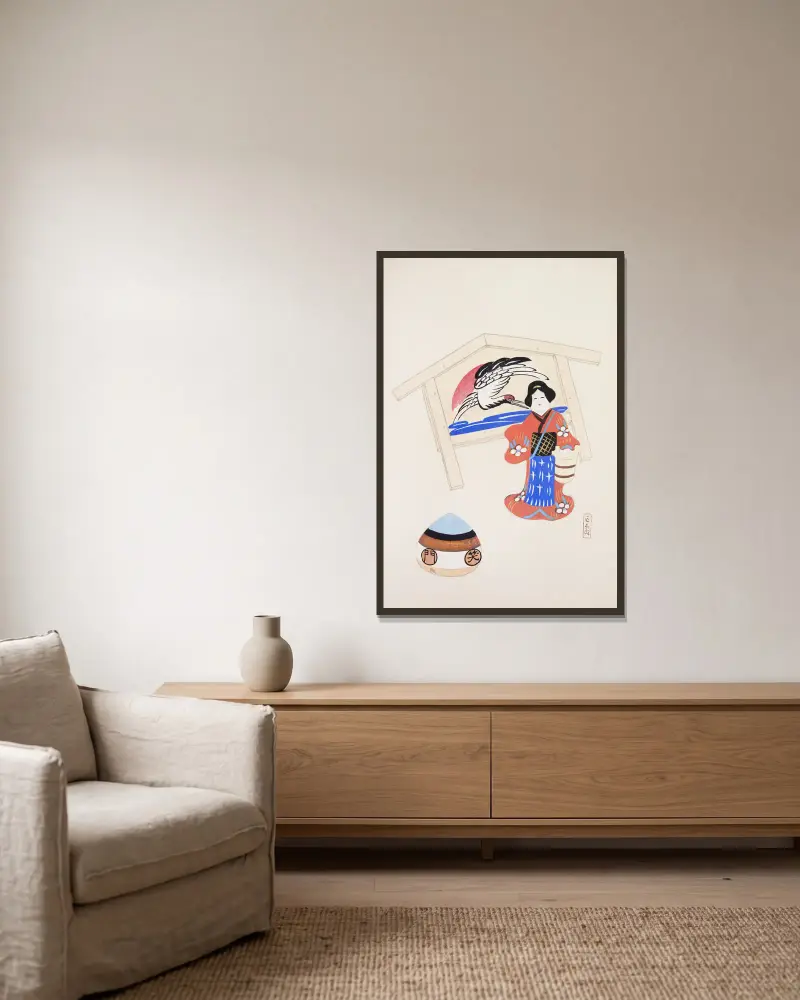 Kyosens samlade illustrationer av japanska leksaker, plansch 047 av Kawasaki Kyosen inramad på en vägg