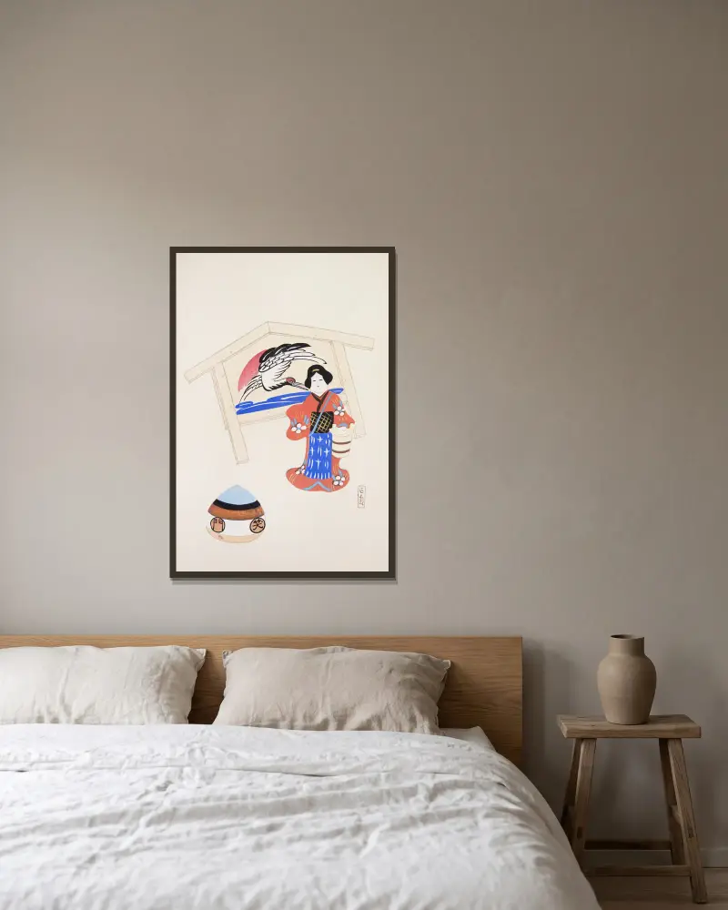 Kyosens samlade illustrationer av japanska leksaker, plansch 047 av Kawasaki Kyosen inramad på en vägg