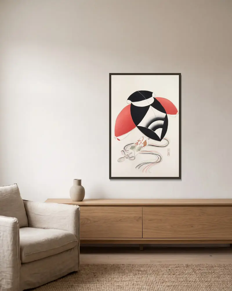 Kyosens samlade illustrationer av japanska leksaker, plansch 56 av Kawasaki Kyosen inramad på en vägg