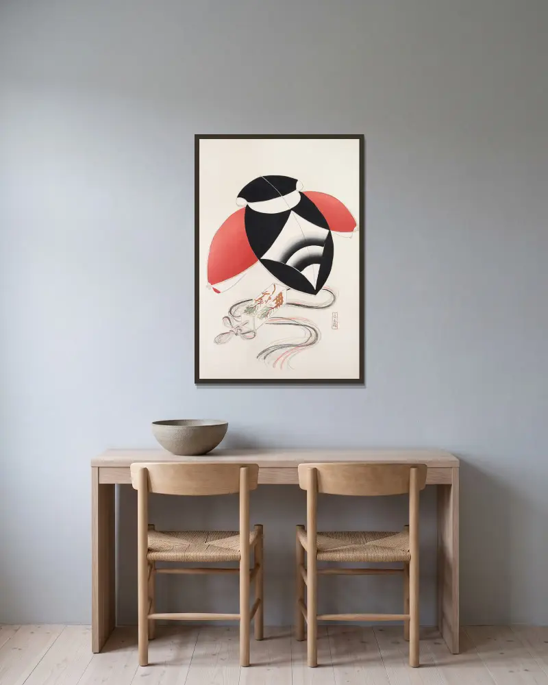 Kyosens samlade illustrationer av japanska leksaker, plansch 56 av Kawasaki Kyosen inramad på en vägg