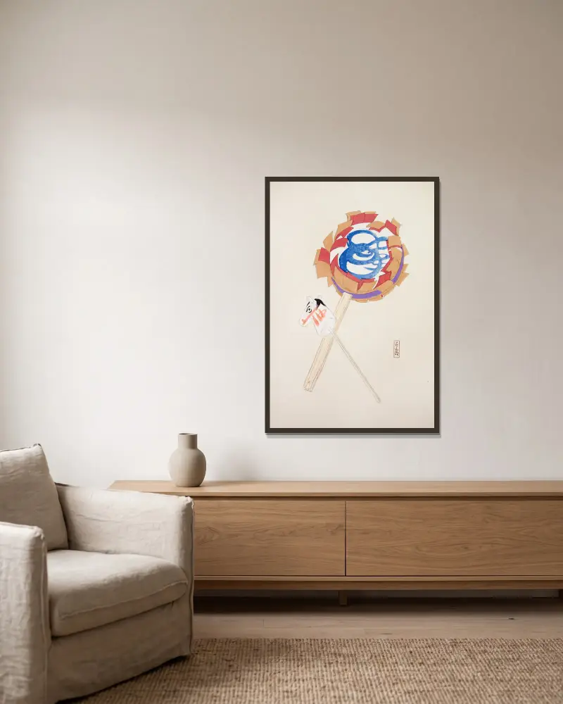Kyosens samlade illustrationer av japanska leksaker, plansch 062 av Kawasaki Kyosen inramad på en vägg