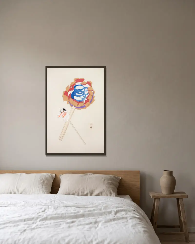 Kyosens samlade illustrationer av japanska leksaker, plansch 062 av Kawasaki Kyosen inramad på en vägg
