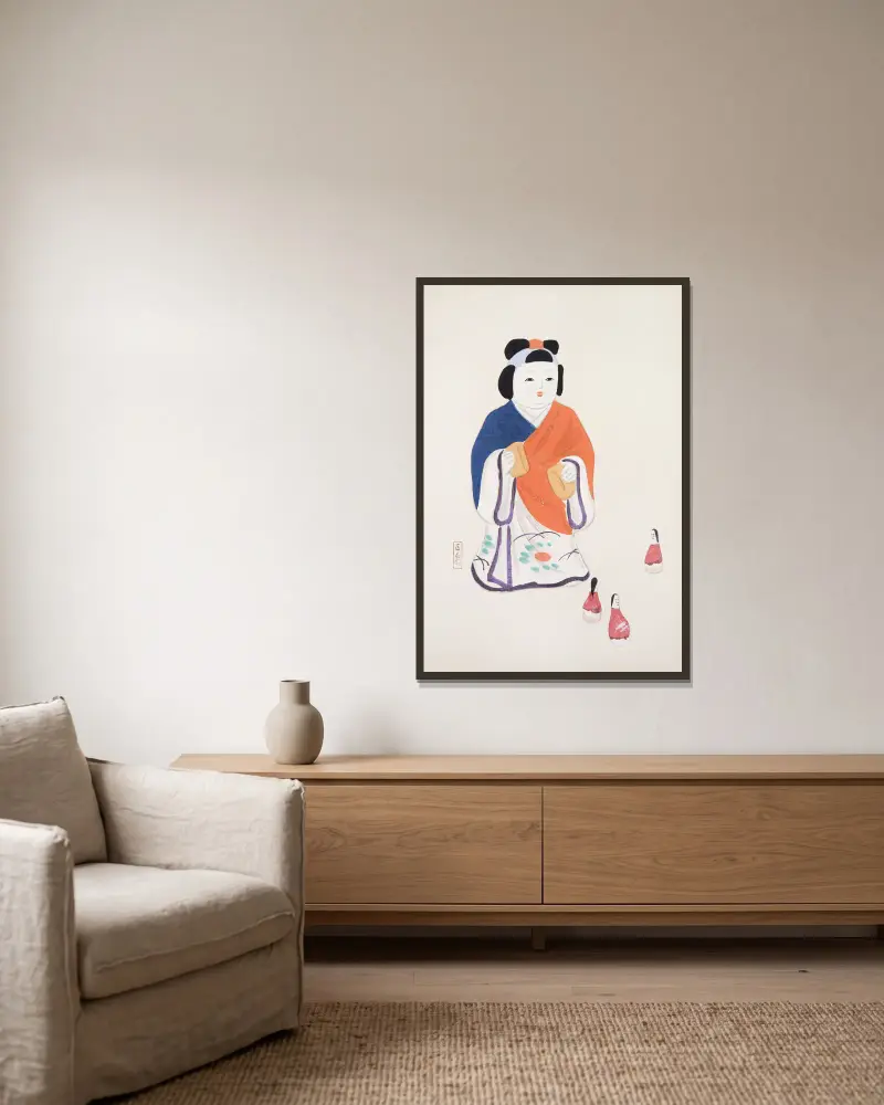 Kyosens samlade illustrationer av japanska leksaker, plansch 063 av Kawasaki Kyosen inramad på en vägg