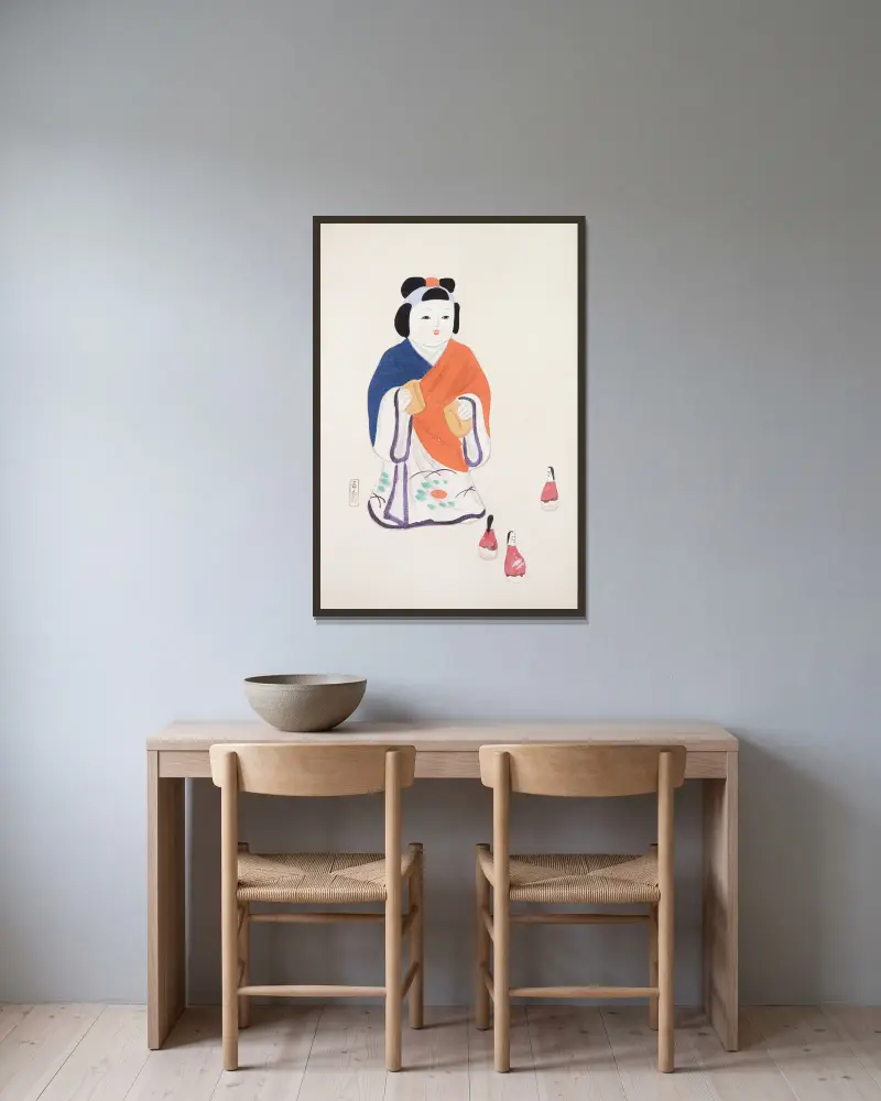 Kyosens samlade illustrationer av japanska leksaker, plansch 063 av Kawasaki Kyosen inramad på en vägg