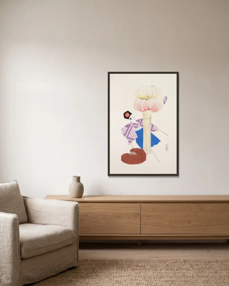 Kyosens samlade illustrationer av japanska leksaker, plansch 086 av Kawasaki Kyosen inramad på en vägg