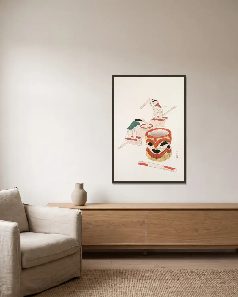 Kyosens samlade illustrationer av japanska leksaker, plansch 101 av Kawasaki Kyosen inramad på en vägg