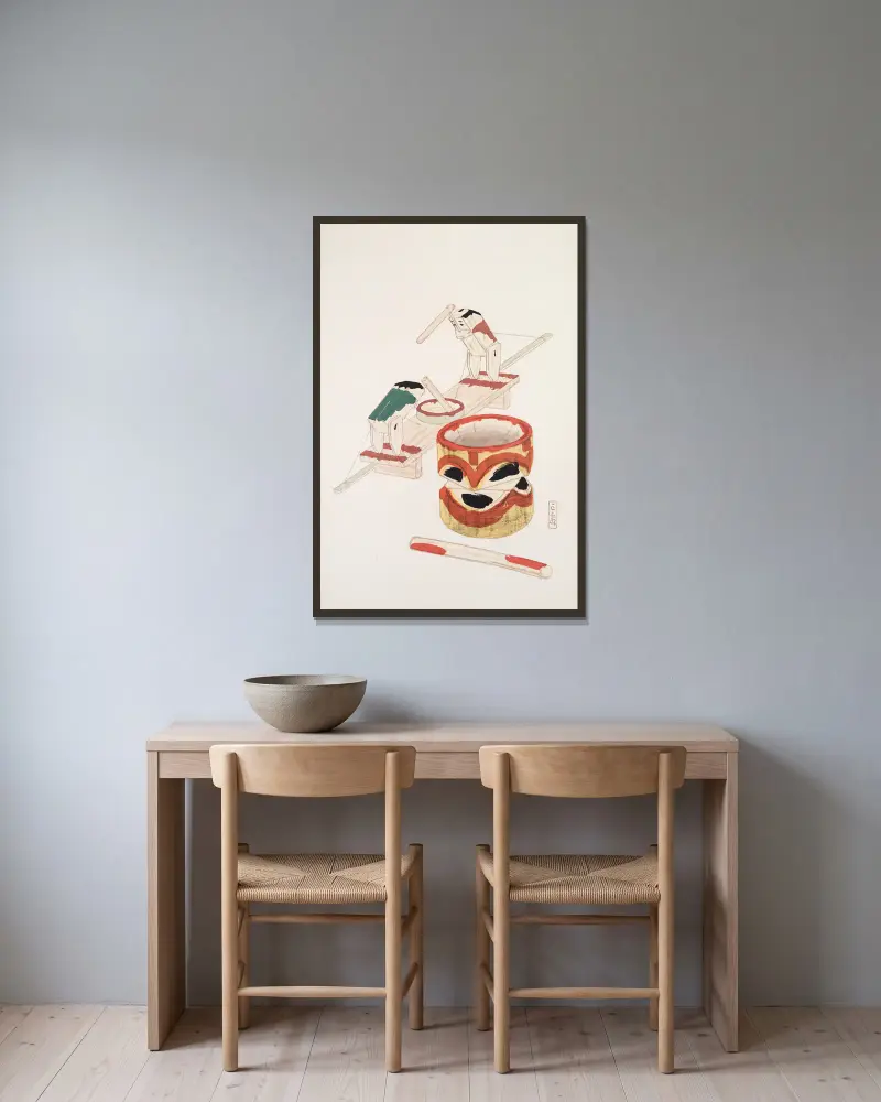 Kyosens samlade illustrationer av japanska leksaker, plansch 101 av Kawasaki Kyosen inramad på en vägg