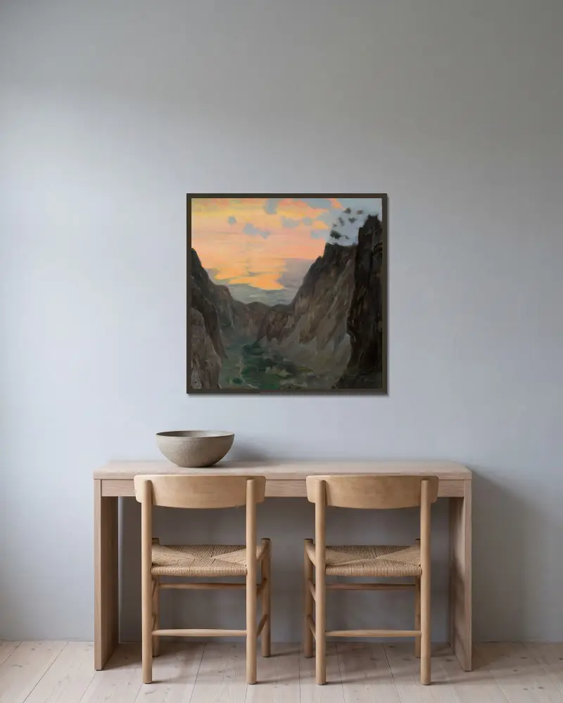 Misty mountains av Kazimierz Stabrowski inramad på en vägg