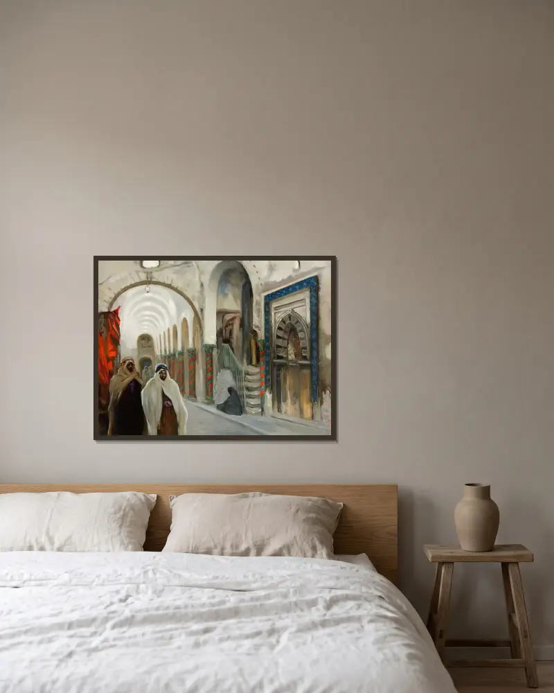 Marknad i Kairouan av Kazimierz Stabrowski inramad på en vägg