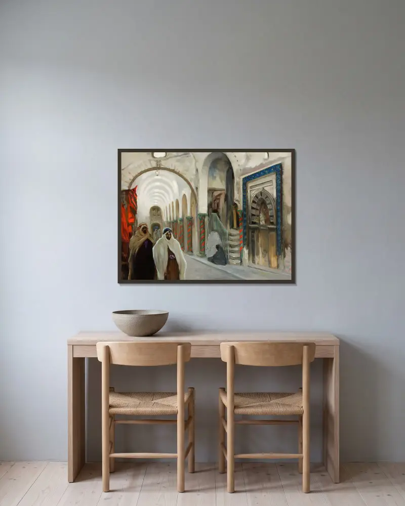 Marknad i Kairouan av Kazimierz Stabrowski inramad på en vägg
