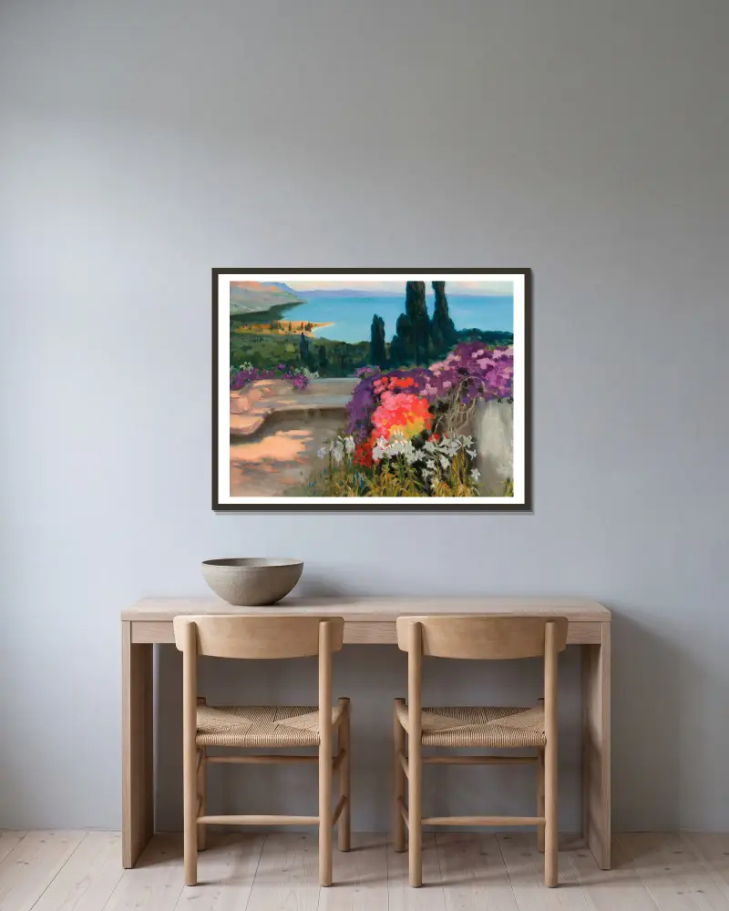 Southern landscape – Taormina av Kazimierz Stabrowski inramad på en vägg