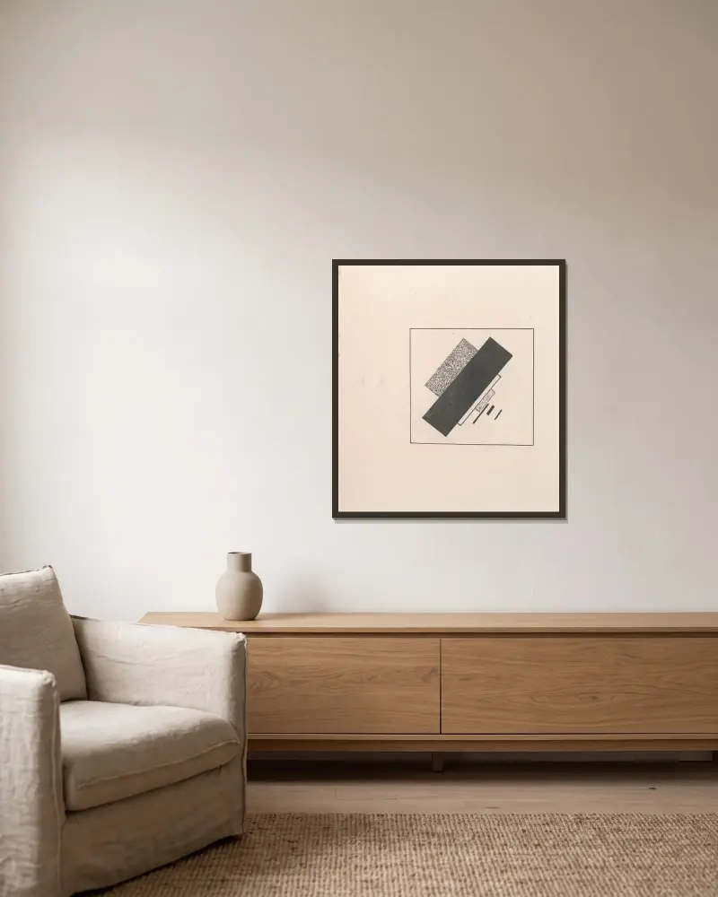 Komposition mit vier schwarzen, einem weißen und zwei grauen Elementen von Kazimir Malevich gerahmt an einer Wand