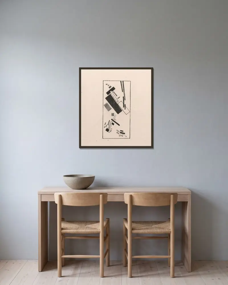 Dynamischer Suprematismus von Kazimir Malevich gerahmt an einer Wand