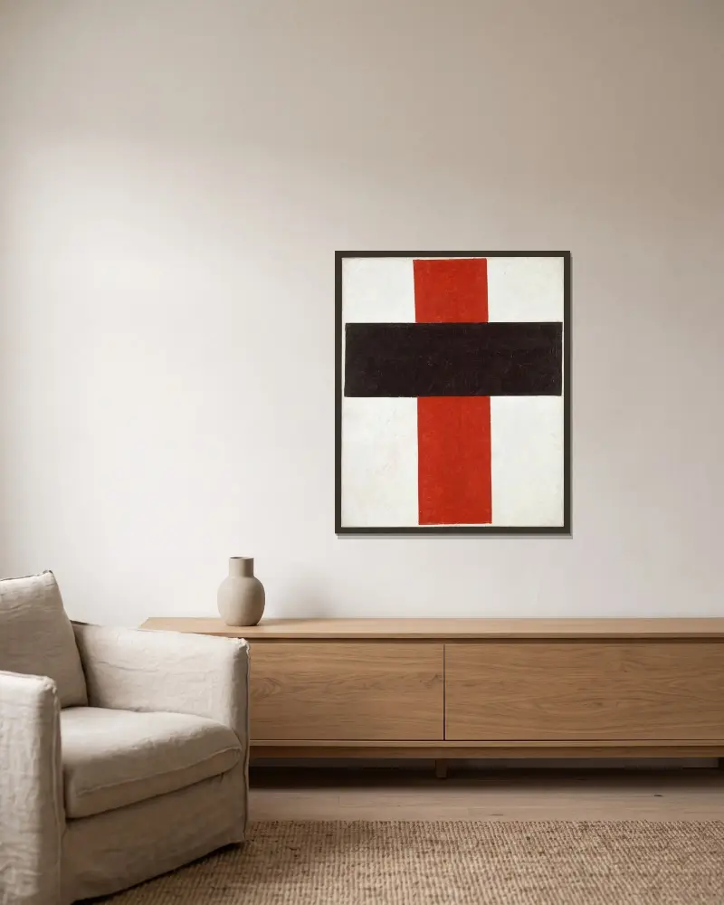 Large cross in black over red on white von Kazimir Malevich gerahmt an einer Wand