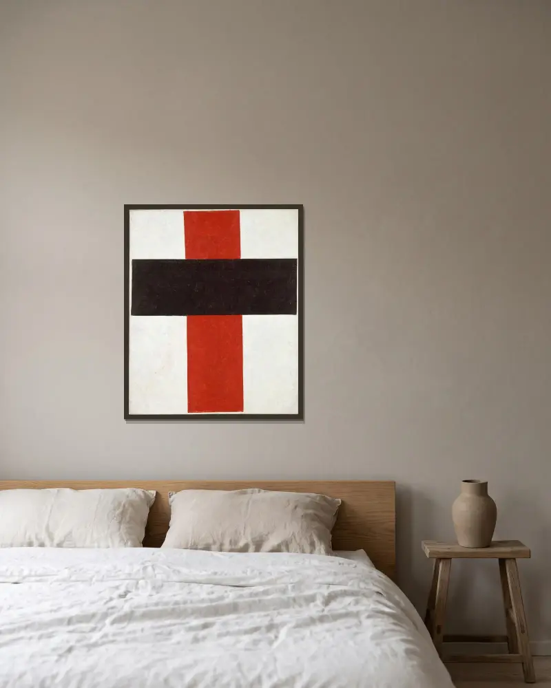 Large cross in black over red on white von Kazimir Malevich gerahmt an einer Wand