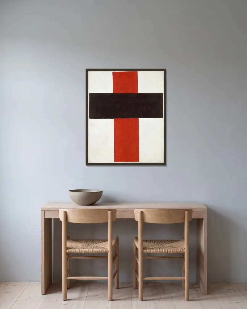 Large cross in black over red on white von Kazimir Malevich gerahmt an einer Wand