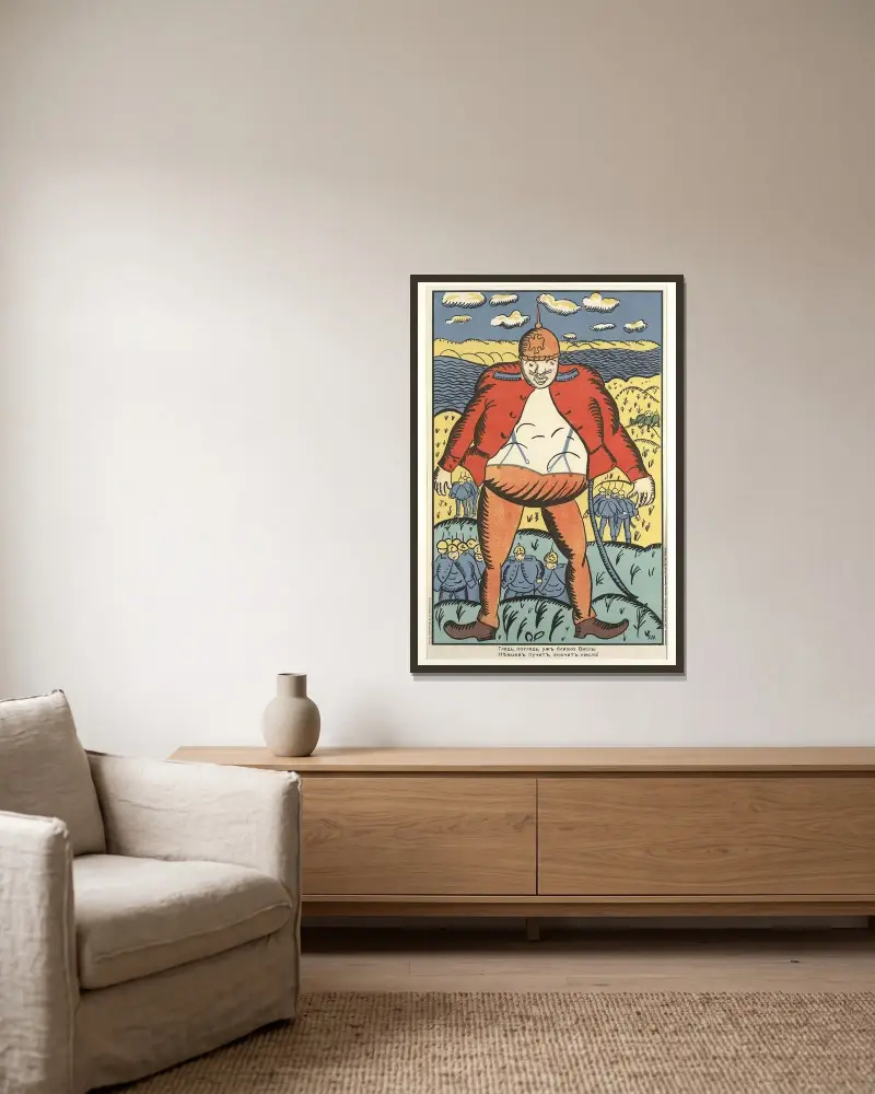 Schau, schau, an der Weichsel. Die deutschen Bäuche schwellen an. So geht es ihnen nicht gut von Kazimir Malevich gerahmt an einer Wand