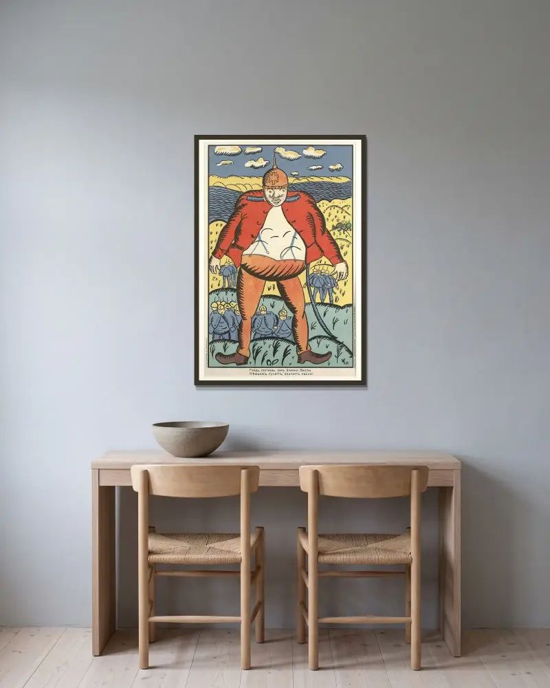Schau, schau, an der Weichsel. Die deutschen Bäuche schwellen an. So geht es ihnen nicht gut von Kazimir Malevich gerahmt an einer Wand
