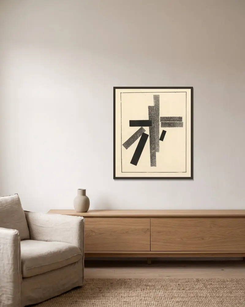 Drei schwarze und fünf graue Elemente von Kazimir Malevich gerahmt an einer Wand