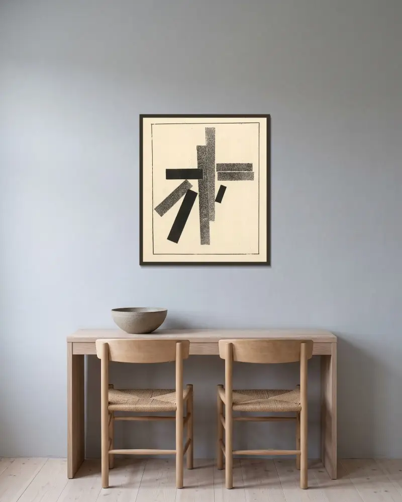 Drei schwarze und fünf graue Elemente von Kazimir Malevich gerahmt an einer Wand