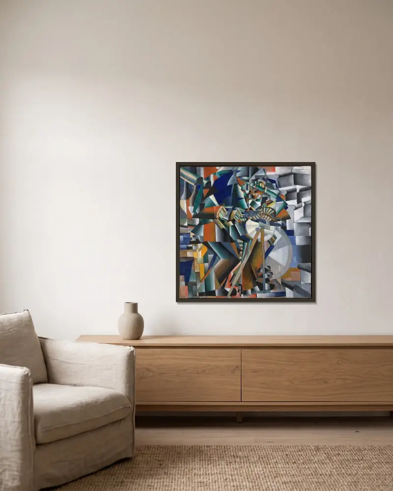Der Messerschleifer (Prinzip des Glitzerns) von Kazimir Malevich gerahmt an einer Wand