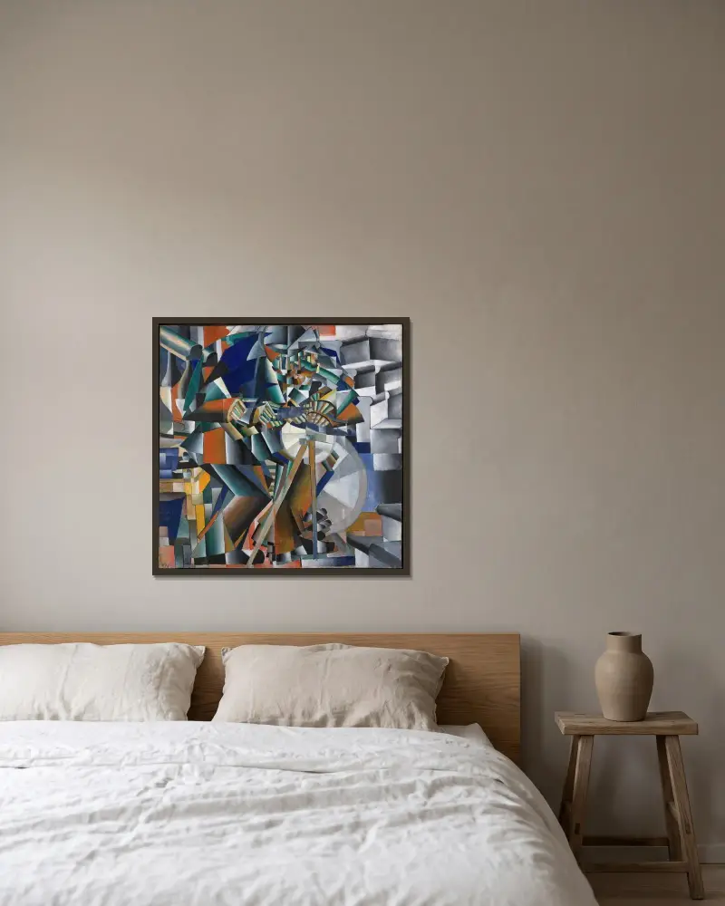 Der Messerschleifer (Prinzip des Glitzerns) von Kazimir Malevich gerahmt an einer Wand