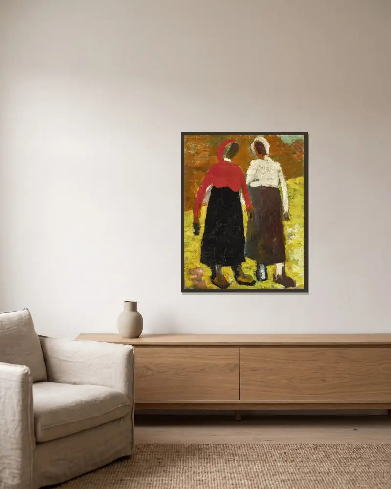Zwei Bäuerinnen von Kazimir Malevich gerahmt an einer Wand