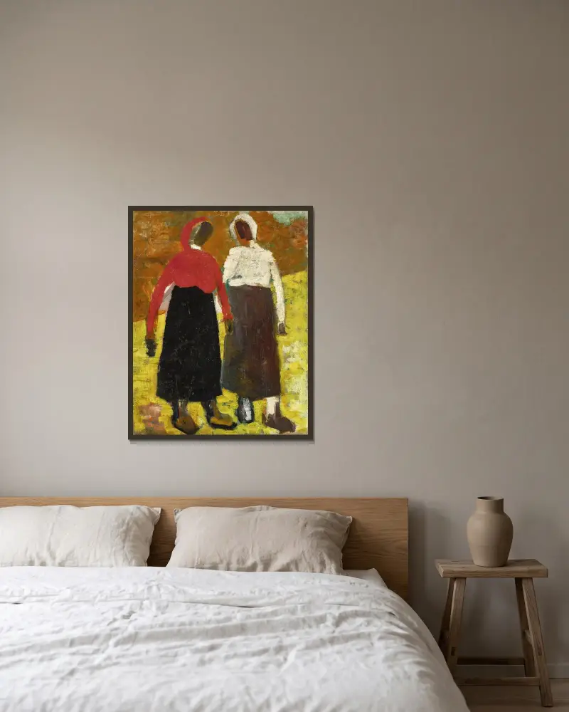 Zwei Bäuerinnen von Kazimir Malevich gerahmt an einer Wand