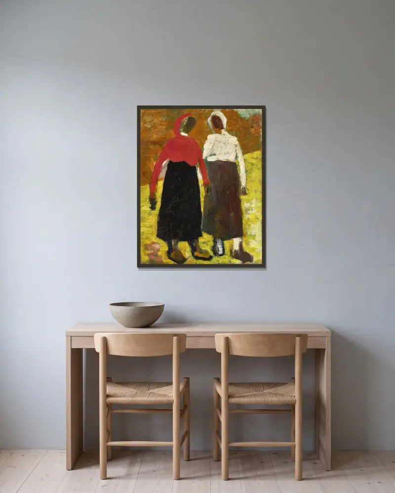 Zwei Bäuerinnen von Kazimir Malevich gerahmt an einer Wand