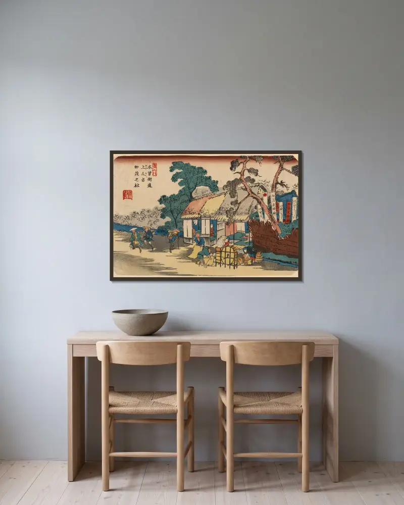 Ageo shuku kamo no yashiro av Keisai Eisen inramad på en vägg
