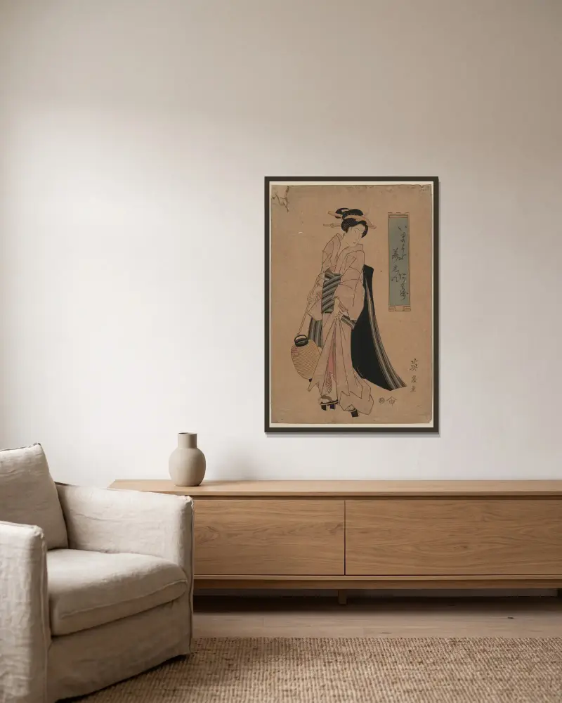 Chōchi o motsu onna av Keisai Eisen inramad på en vägg