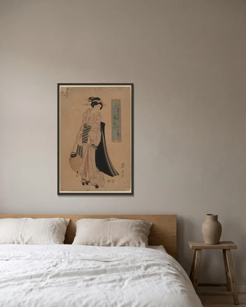 Chōchi o motsu onna av Keisai Eisen inramad på en vägg