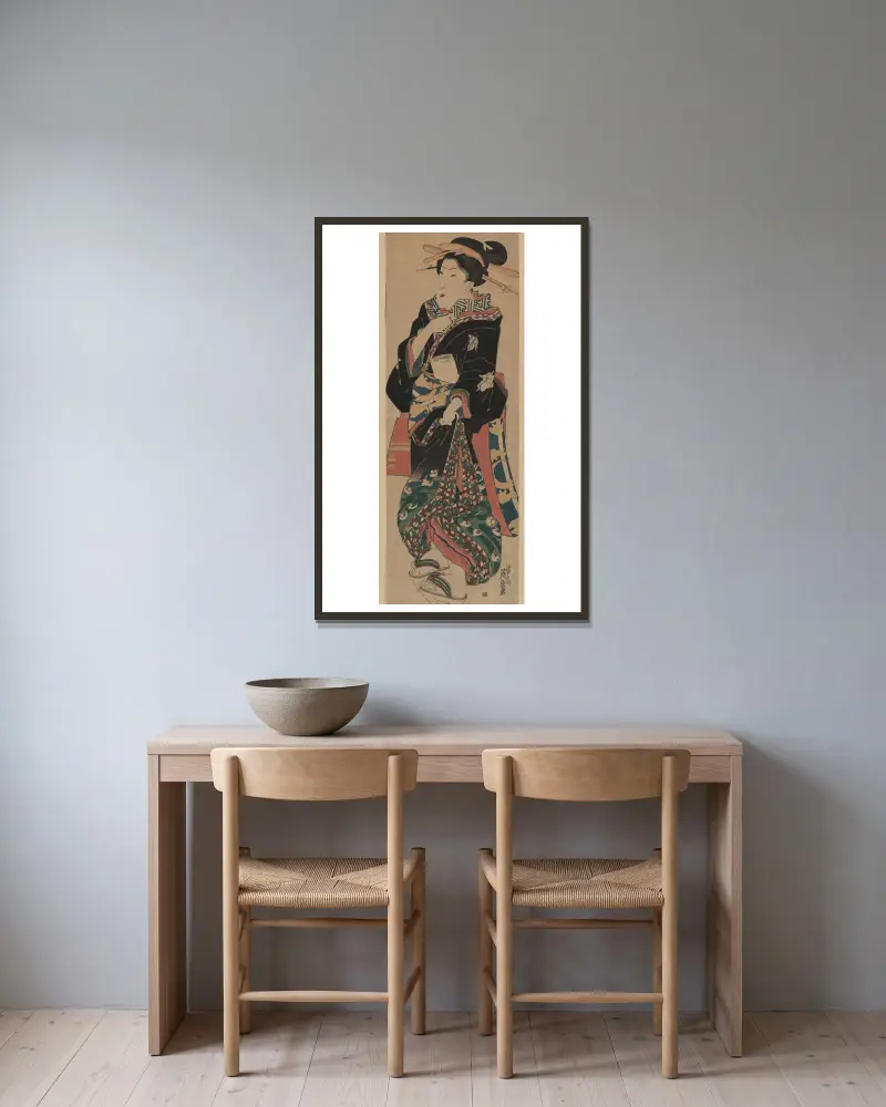 Fumi o motsu onna av Keisai Eisen inramad på en vägg