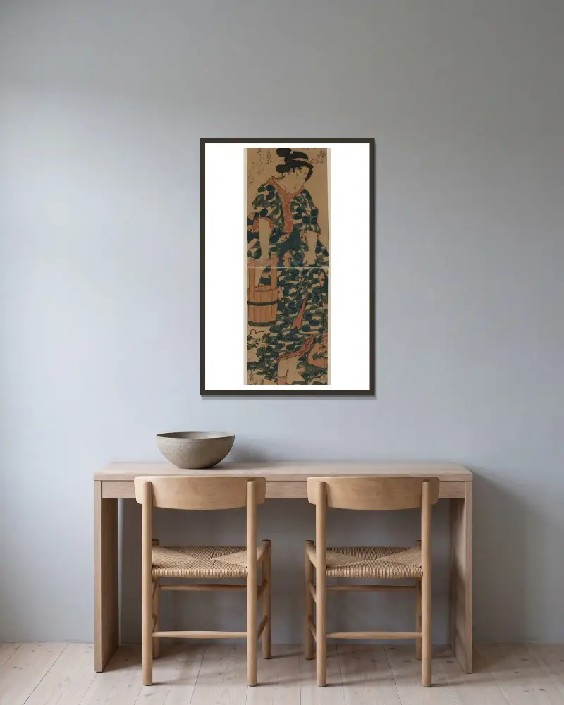 Kaga no Chiyojo av Keisai Eisen inramad på en vägg