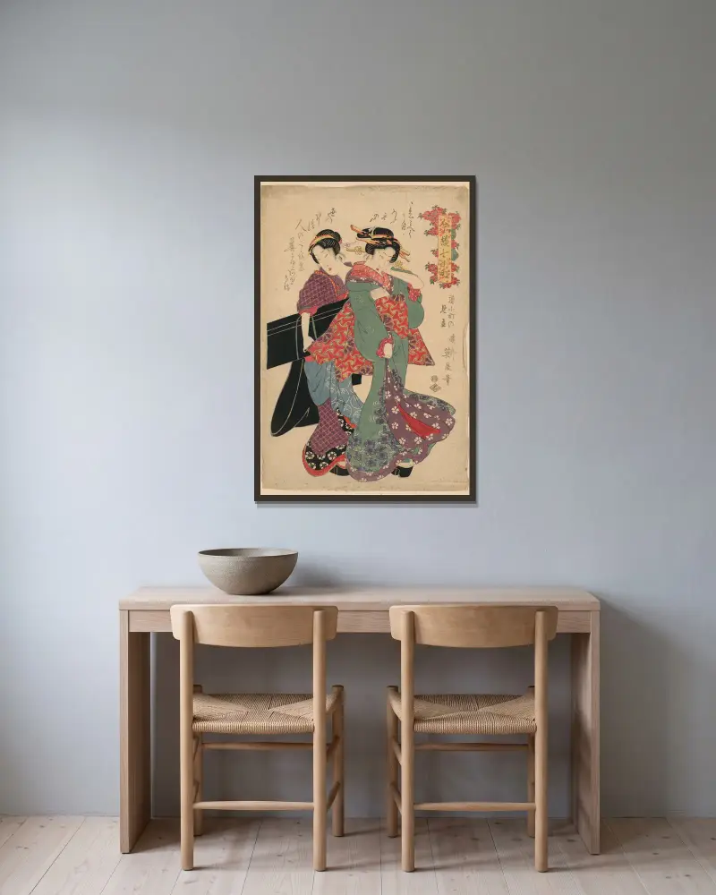 Kayoikomachi no mitate av Keisai Eisen inramad på en vägg