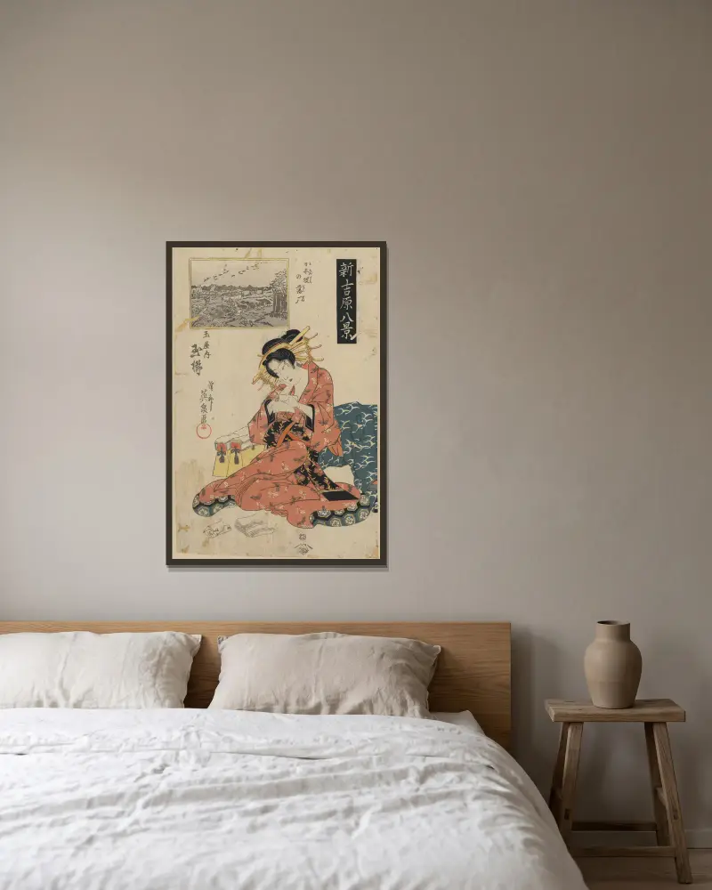 Vildgäss över Nihonzutsumi, Tamaya med kurtisanen Tamagushi av Keisai Eisen inramad på en vägg