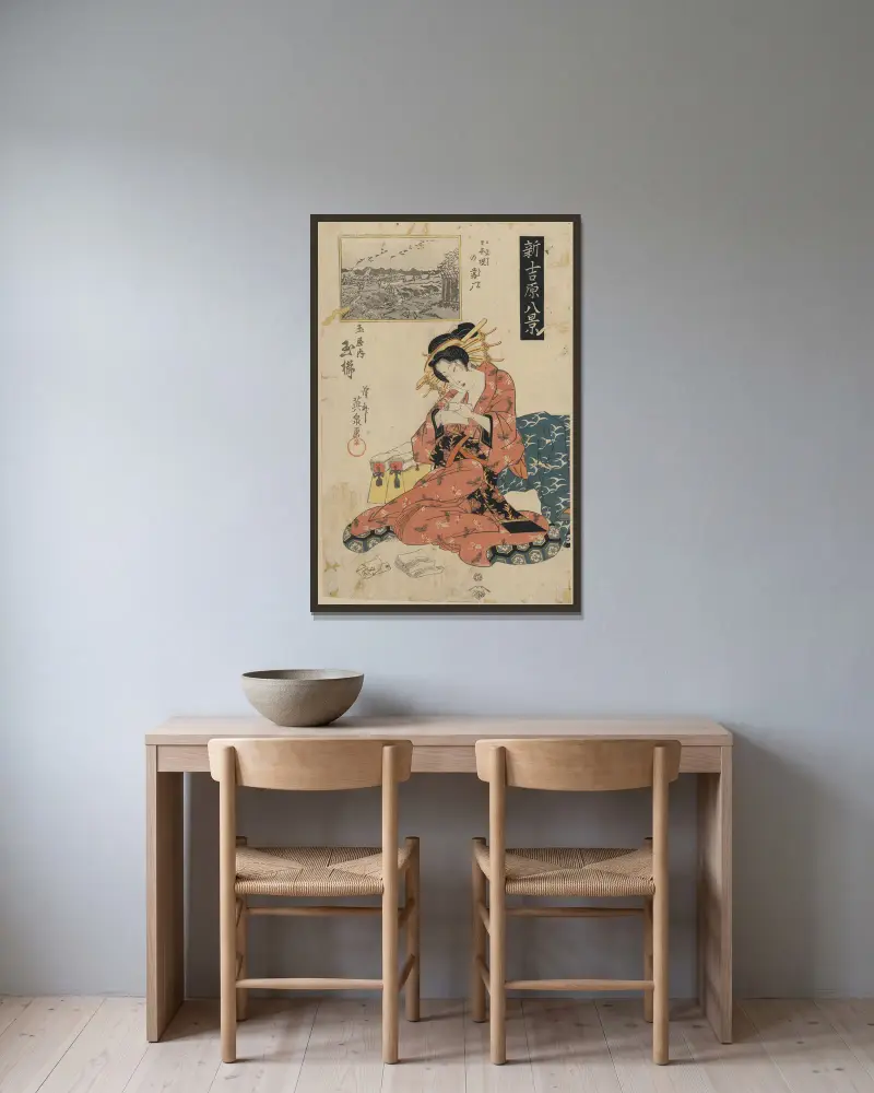 Vildgäss över Nihonzutsumi, Tamaya med kurtisanen Tamagushi av Keisai Eisen inramad på en vägg